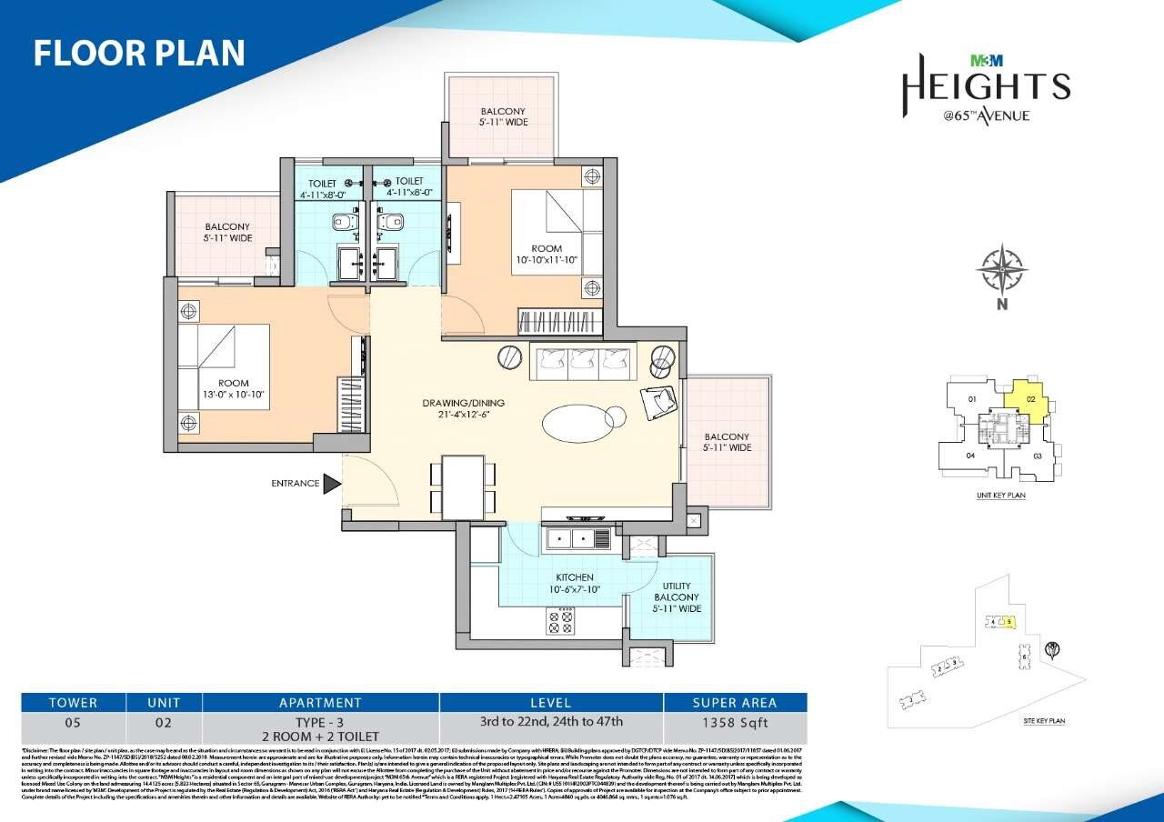 Floor plan of 2 BHK 1358 Sq. Ft. Apartment in M3M Heights, Gurgaon