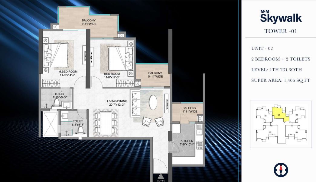 Floor plan of 2 BHK 1406 Sq. Ft. Apartment in M3M Heights, Gurgaon