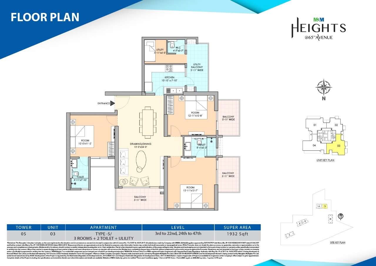 Floor plan of 3 BHK 1932 Sq. Ft. Apartment in M3M Heights, Gurgaon