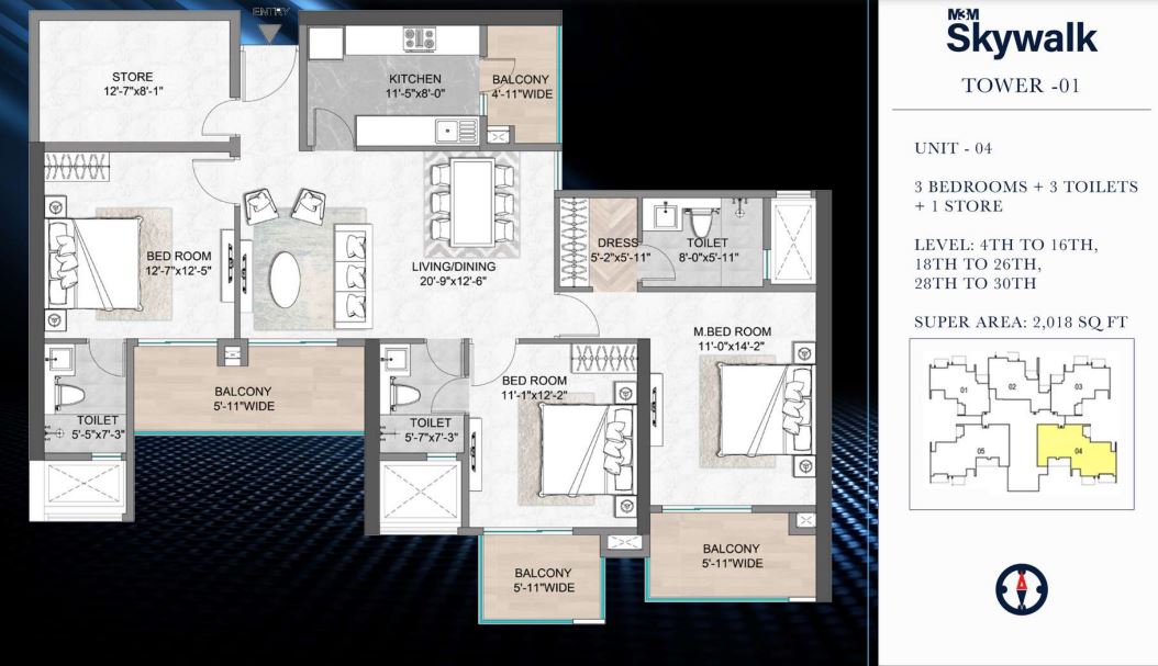 Floor plan of 3 BHK 2018 Sq. Ft. Apartment in M3M Heights, Gurgaon
