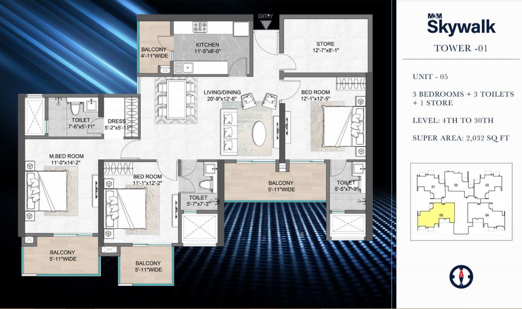 Floor plan of 3 BHK 2032 Sq. Ft. Apartment in M3M Heights, Gurgaon