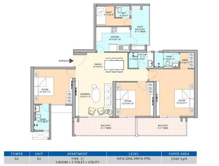 Floor plan of 3 BHK 2040 Sq. Ft. Apartment in M3M Heights, Gurgaon