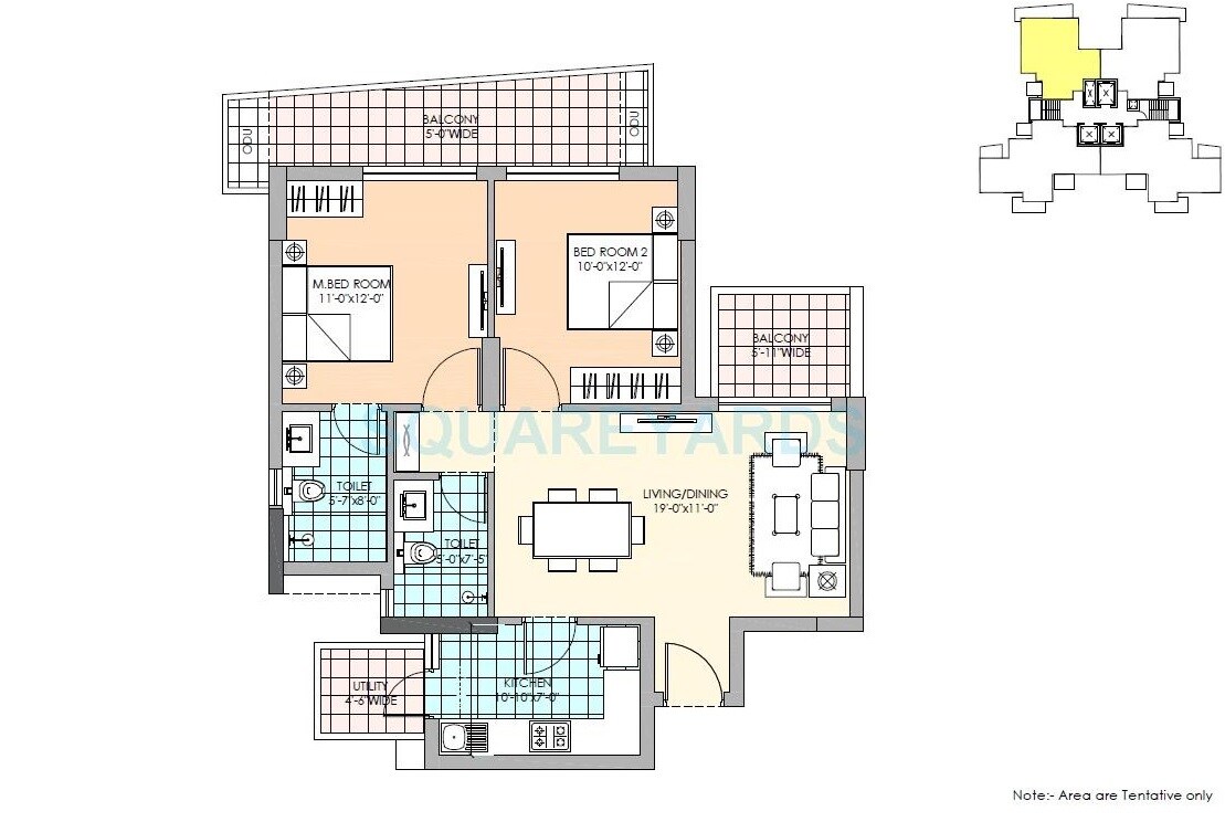 Floor plan of 2 BHK 1330 Sq. Ft. Apartment in M3M Marina, Gurgaon