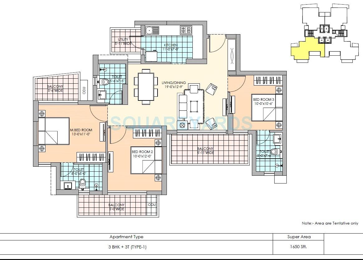 Floor plan of 3 BHK 1650 Sq. Ft. Apartment in M3M Marina, Gurgaon