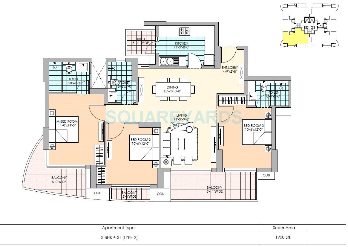 Floor plan of 3 BHK 1900 Sq. Ft. Apartment in M3M Marina, Gurgaon
