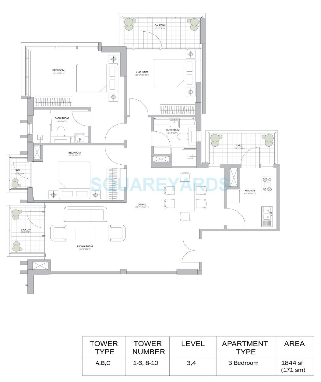Floor plan of 3 BHK 1844 Sq. Ft. Apartment in M3M Merlin, Gurgaon