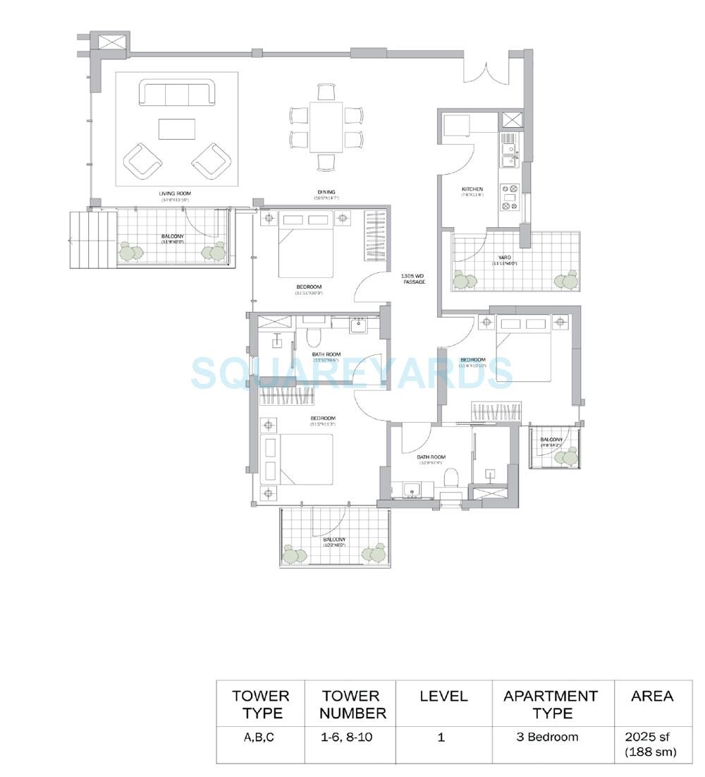 Floor plan of 3 BHK 2025 Sq. Ft. Apartment in M3M Merlin, Gurgaon