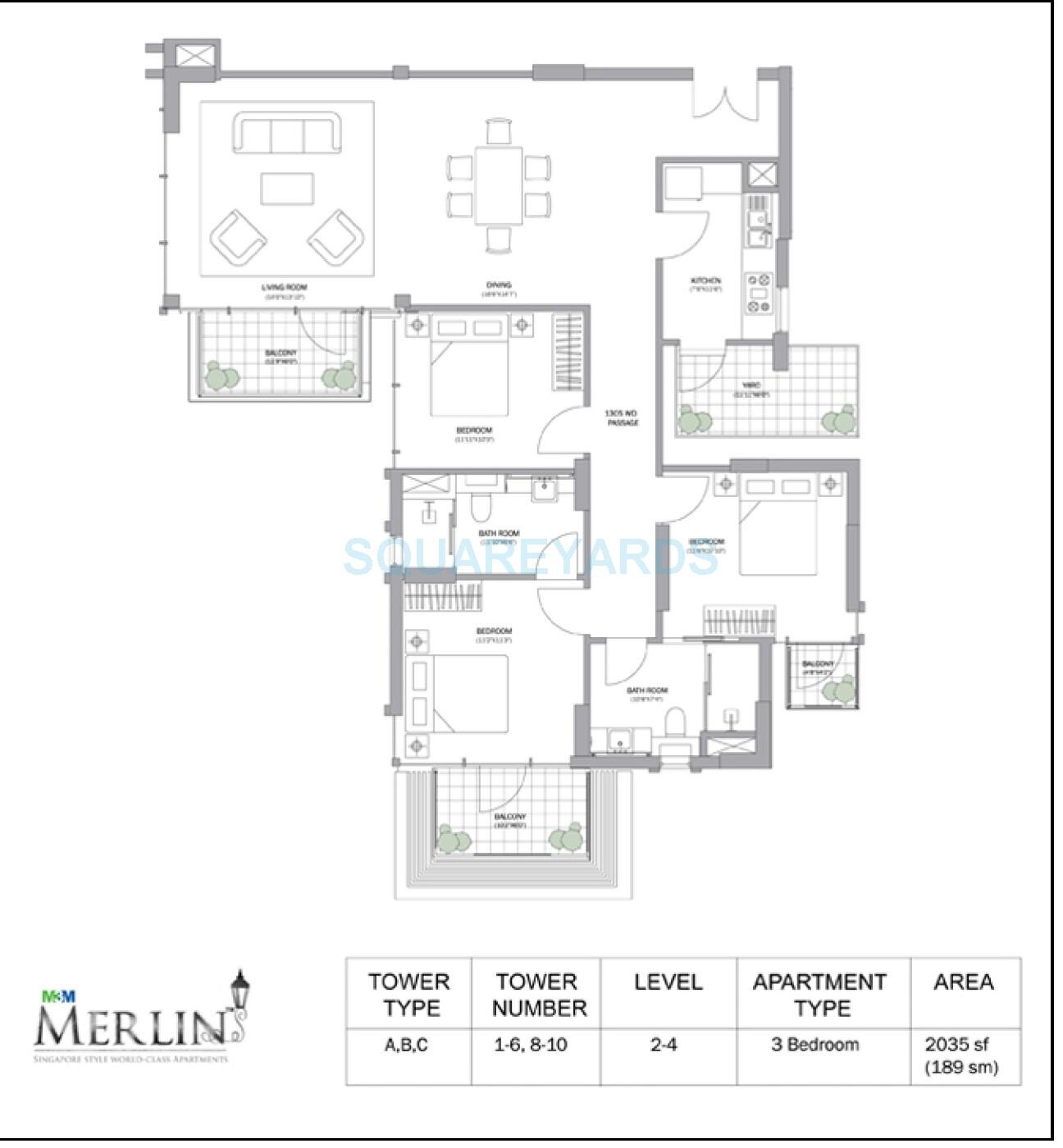 Floor plan of 3 BHK 2035 Sq. Ft. Apartment in M3M Merlin, Gurgaon
