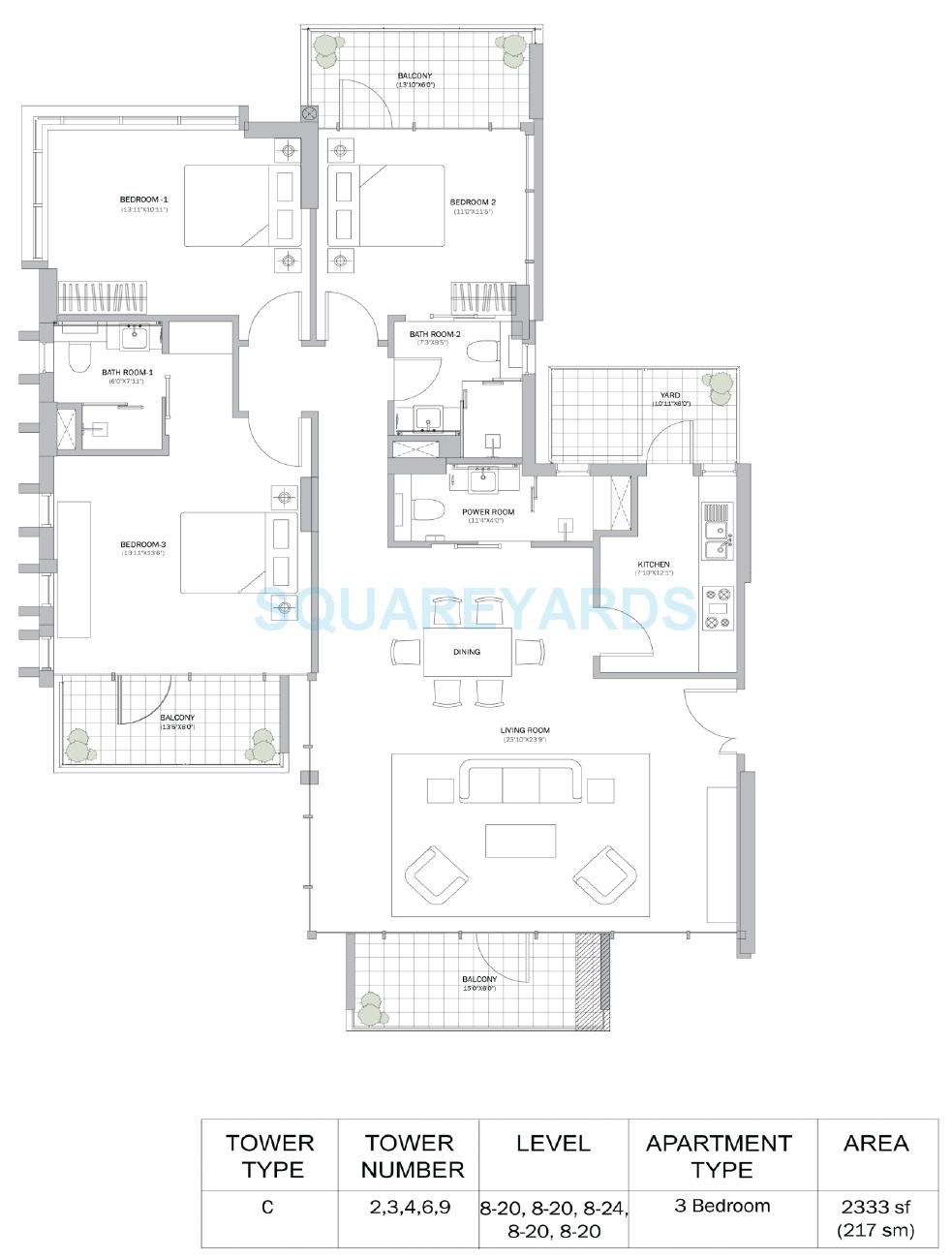 Floor plan of 3 BHK 2333 Sq. Ft. Apartment in M3M Merlin, Gurgaon