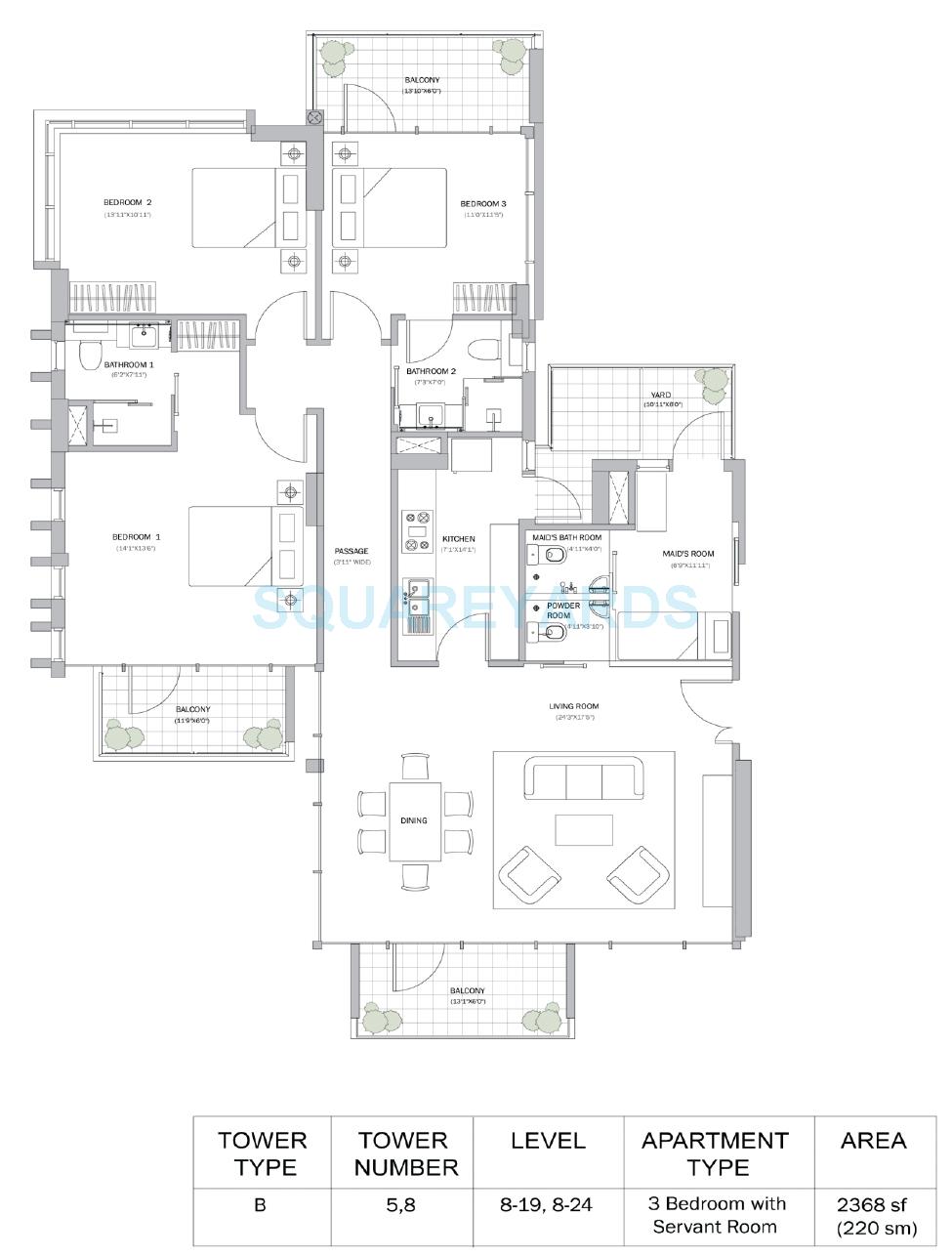 Floor plan of 3 BHK 2368 Sq. Ft. Apartment in M3M Merlin, Gurgaon