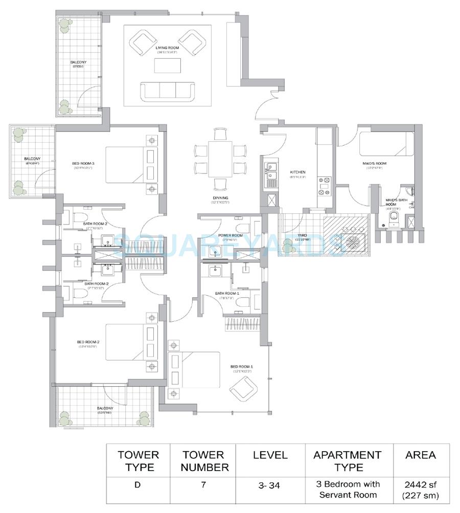 Floor plan of 3 BHK 2442 Sq. Ft. Apartment in M3M Merlin, Gurgaon