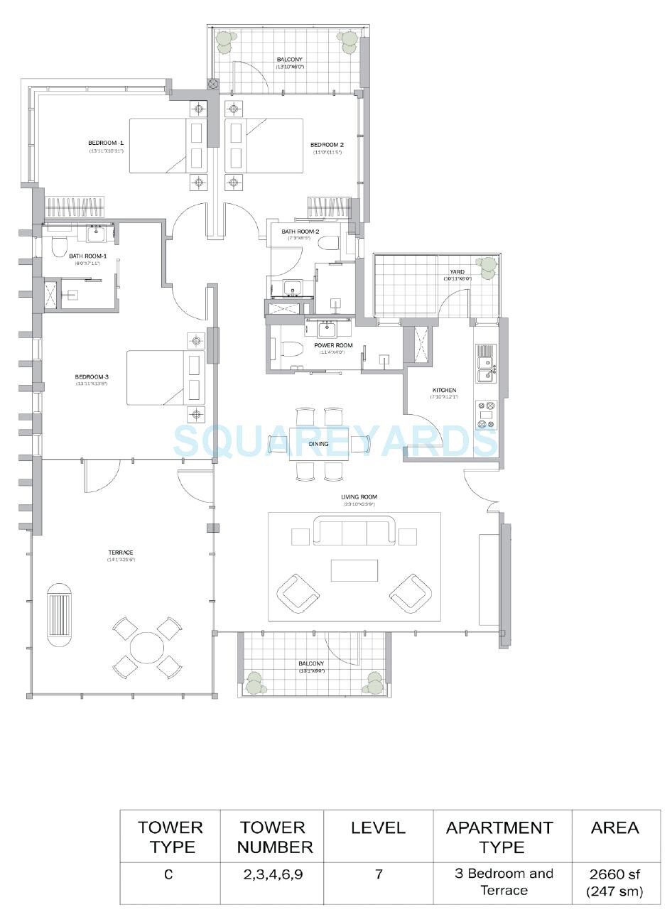 Floor plan of 3 BHK 2660 Sq. Ft. Apartment in M3M Merlin, Gurgaon