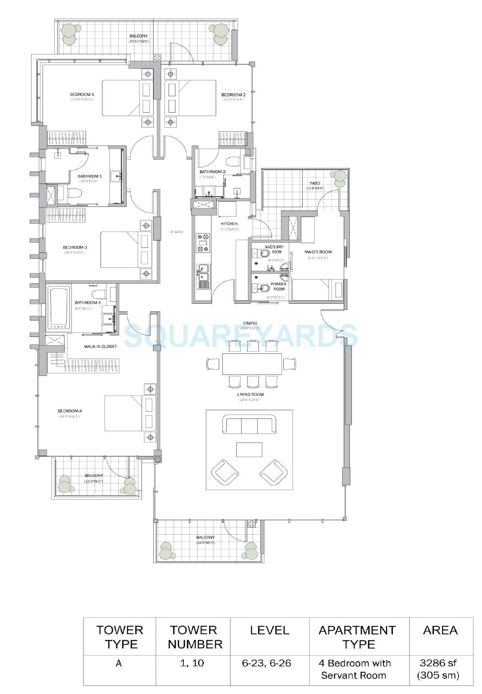 Floor plan of 4 BHK 3286 Sq. Ft. Apartment in M3M Merlin, Gurgaon