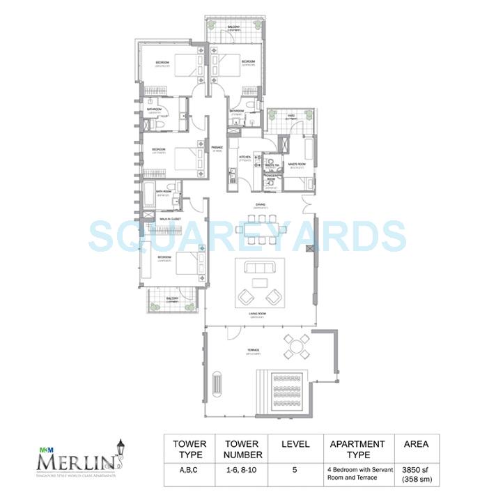 Floor plan of 4 BHK 3850 Sq. Ft. Apartment in M3M Merlin, Gurgaon