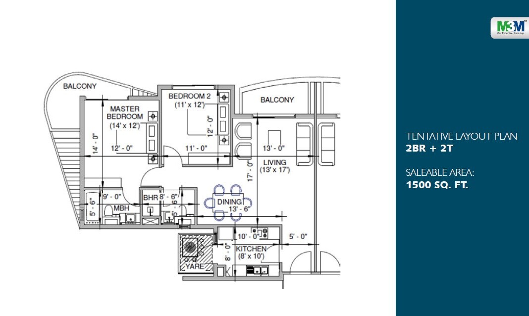 Floor plan of 2 BHK 1500 Sq. Ft. Apartment in M3M Milano, Gurgaon