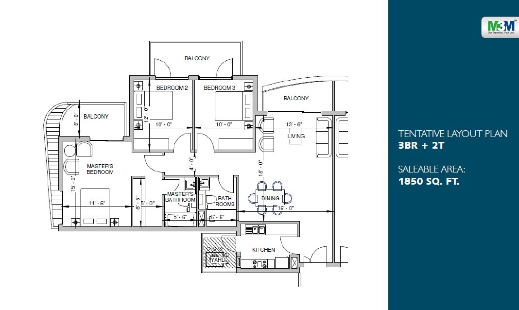 Floor plan of 3 BHK 1850 Sq. Ft. Apartment in M3M Milano, Gurgaon