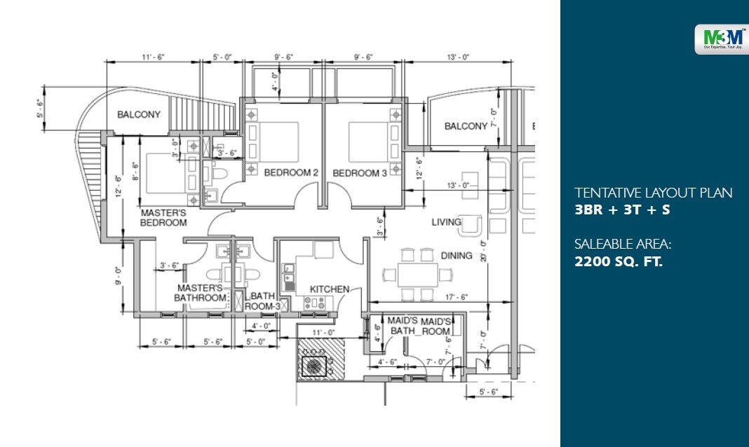 Floor plan of 3 BHK 2200 Sq. Ft. Apartment in M3M Milano, Gurgaon