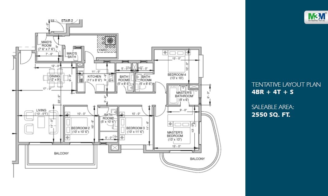 Floor plan of 4 BHK 2550 Sq. Ft. Apartment in M3M Milano, Gurgaon