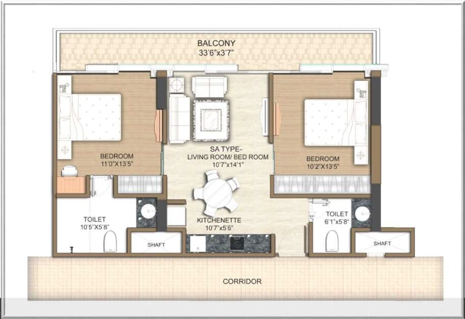 Floor plan of 2 BHK 1360 Sq. Ft. Apartment in M3M My Den, Gurgaon