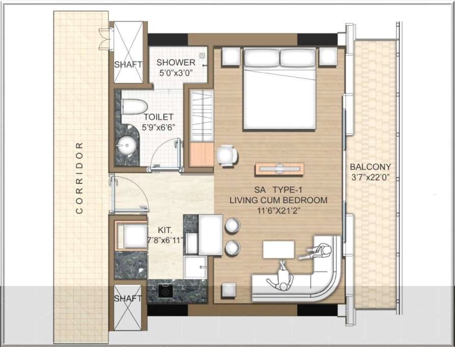 Floor plan of 874 Sq. Ft. Studio in M3M My Den, Gurgaon