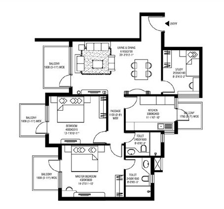 Floor plan of 2 BHK 1266 Sq. Ft. Apartment in M3M Natura, Gurgaon