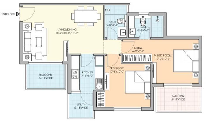 Floor plan of 2 BHK 1214 Sq. Ft. Apartment in M3M Natura, Gurgaon