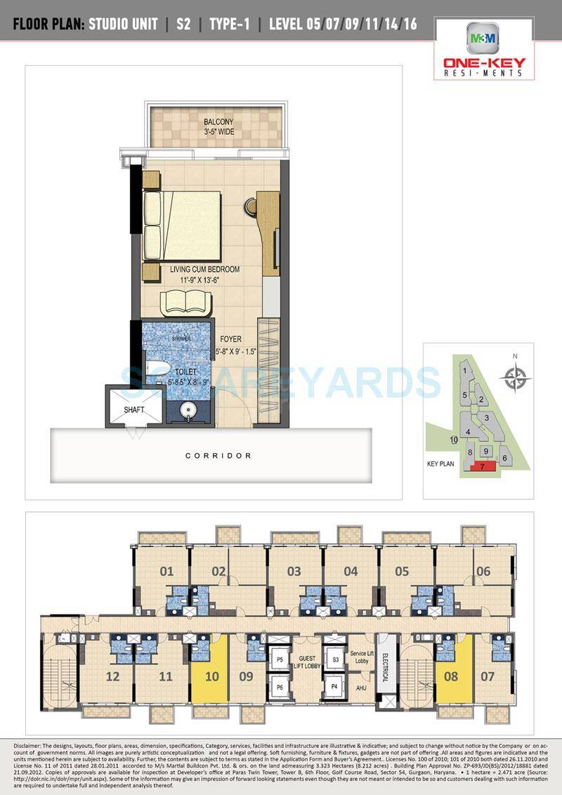 Floor plan of 585 Sq. Ft. Studio in M3M One Key Resiments Commercial, Gurgaon