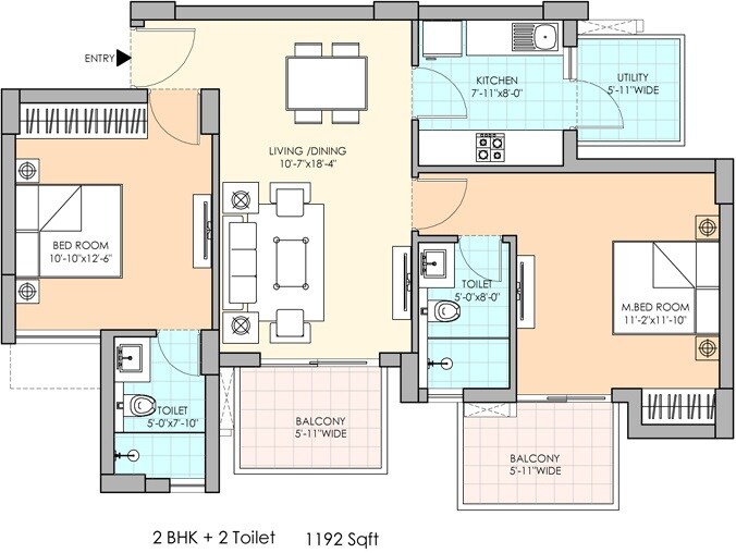 Floor plan of 2 BHK Apartment - 1192 sq. ft. in M3M Sierra, Gurgaon