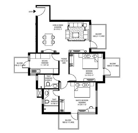 Floor plan of 2 BHK Apartment - 1220 sq. ft. in M3M Sierra, Gurgaon