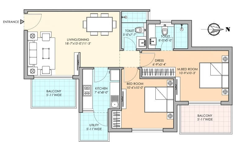 Floor plan of 2 BHK Apartment - 1214 sq. ft. in M3M Sierra, Gurgaon