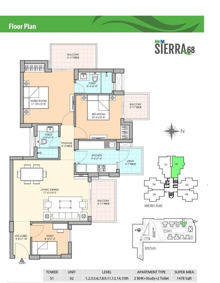 Floor plan of 2 BHK Apartment - 1478 sq. ft. in M3M Sierra, Gurgaon