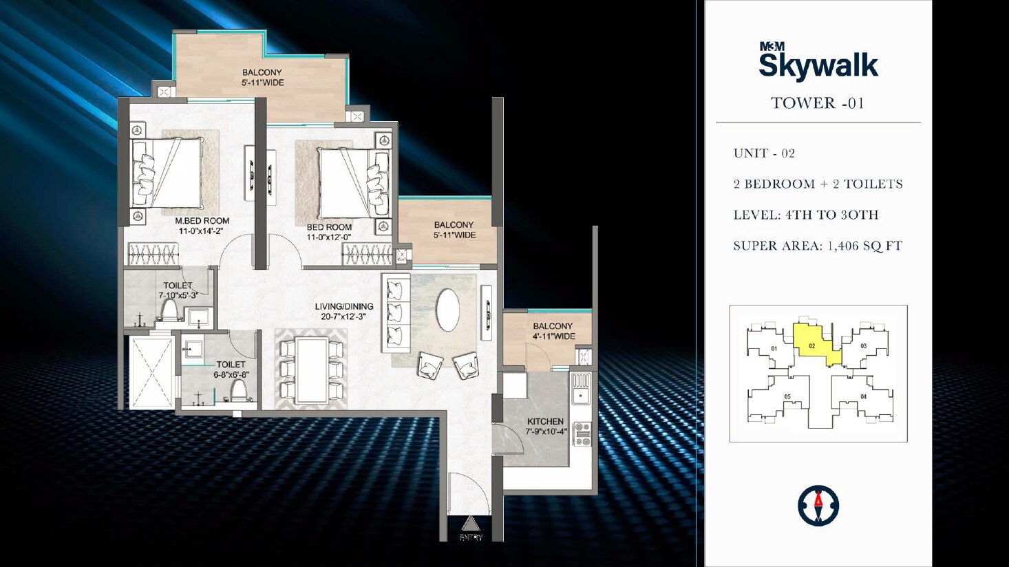 Floor plan of 2 BHK 1406 Sq. Ft. Apartment in M3M Skywalk, Gurgaon