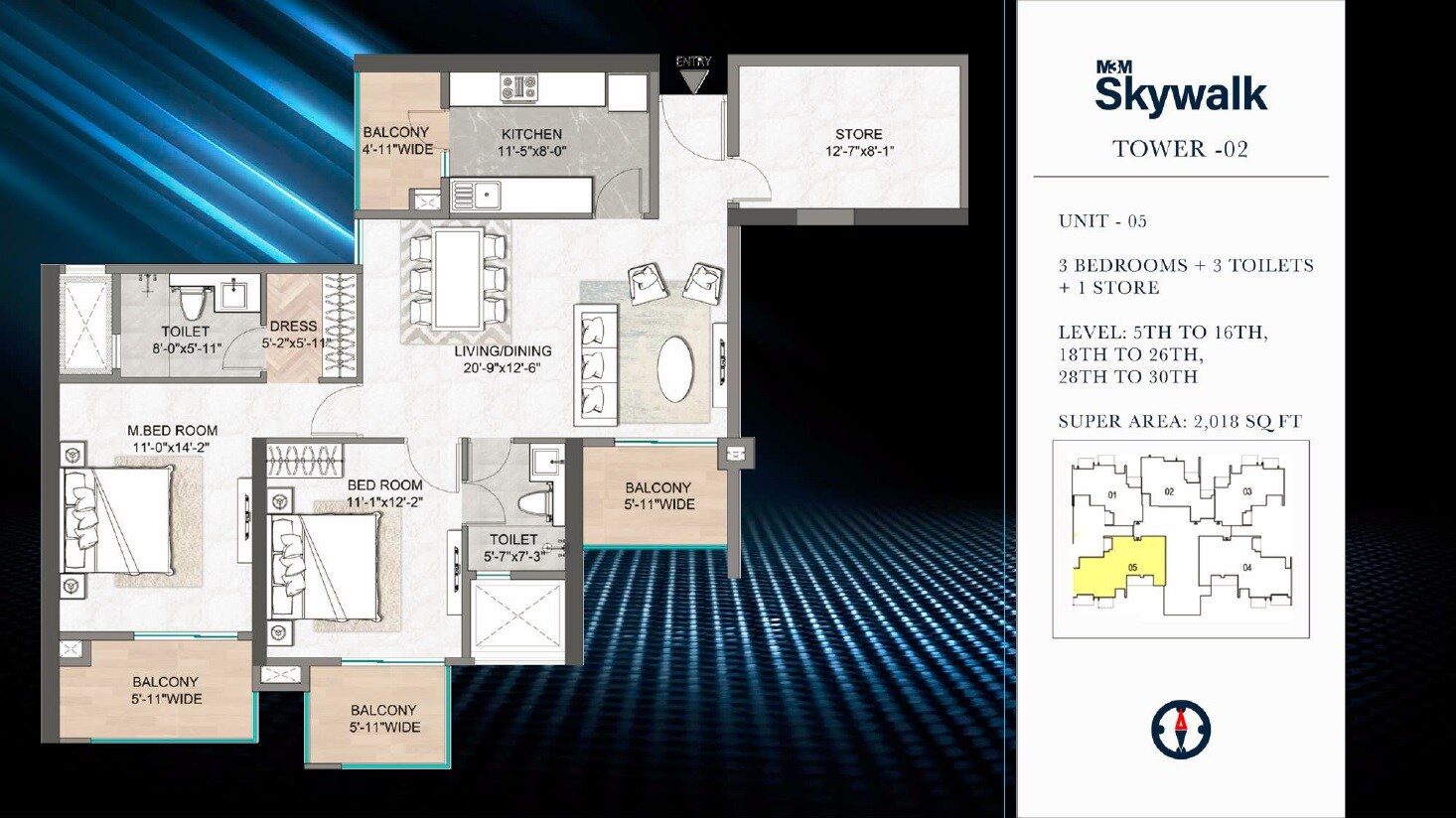Floor plan of 3 BHK 2018 Sq. Ft. Apartment in M3M Skywalk, Gurgaon
