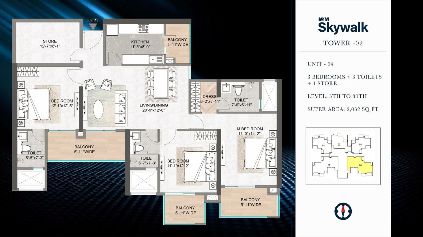 Floor plan of 3 BHK 2032 Sq. Ft. Apartment in M3M Skywalk, Gurgaon