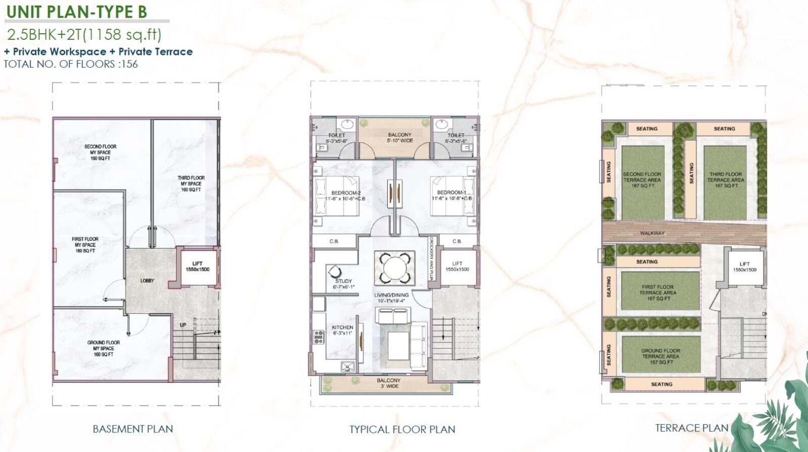 Floor plan of 2 BHK 1158 Sq. Ft. Ind Floor in M3M Soulitude, Gurgaon