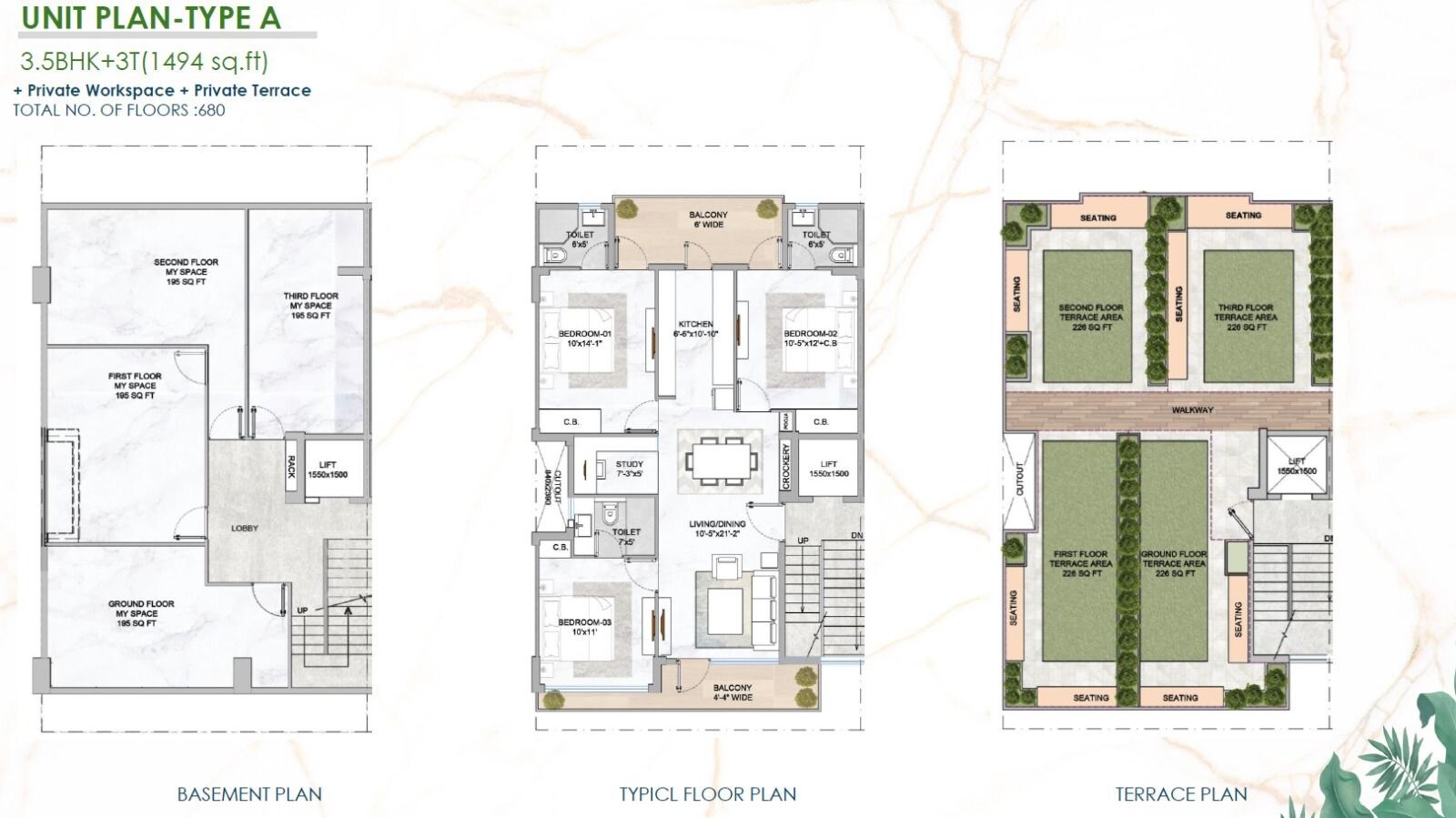Floor plan of 3 BHK 1494 Sq. Ft. Ind Floor in M3M Soulitude, Gurgaon