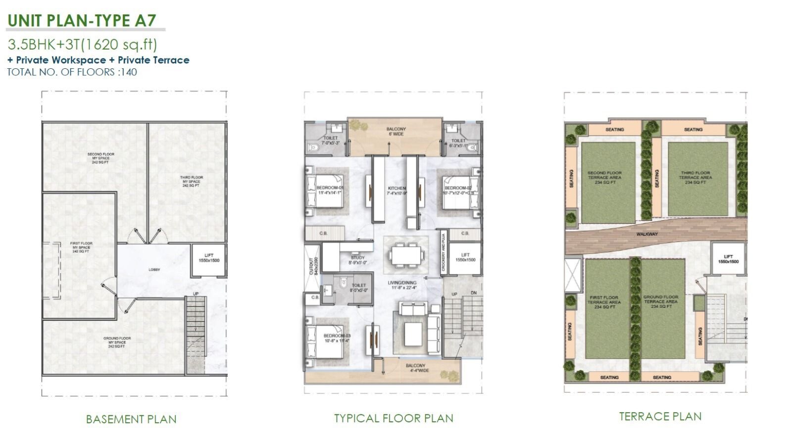 Floor plan of 3 BHK 1620 Sq. Ft. Ind Floor in M3M Soulitude, Gurgaon