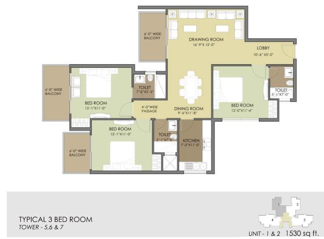 Floor plan of 3 BHK 1530 Sq. Ft. Apartment in Mahendra Meadow, Gurgaon