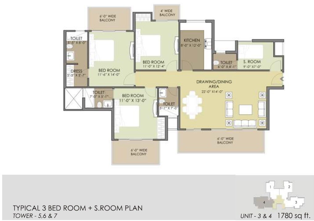 Floor plan of 3 BHK 1780 Sq. Ft. Apartment in Mahendra Meadow, Gurgaon