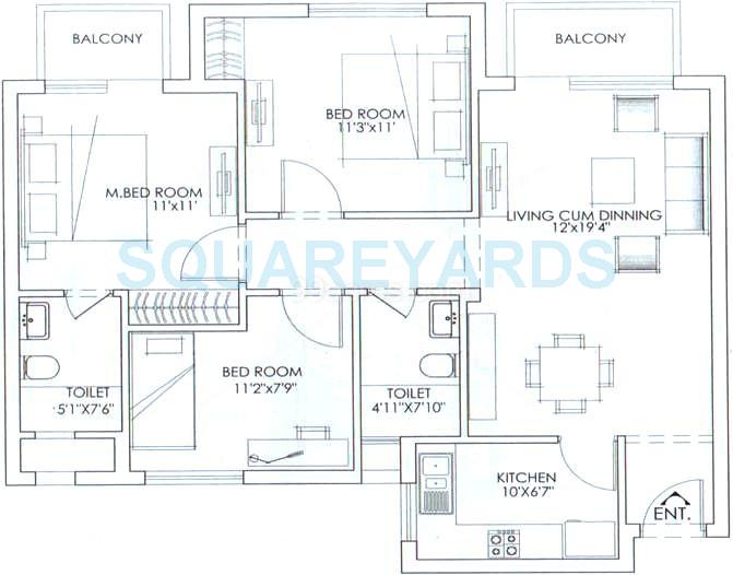 Floor plan of 3 BHK 1198 Sq. Ft. Apartment in Mahindra Aura, Gurgaon