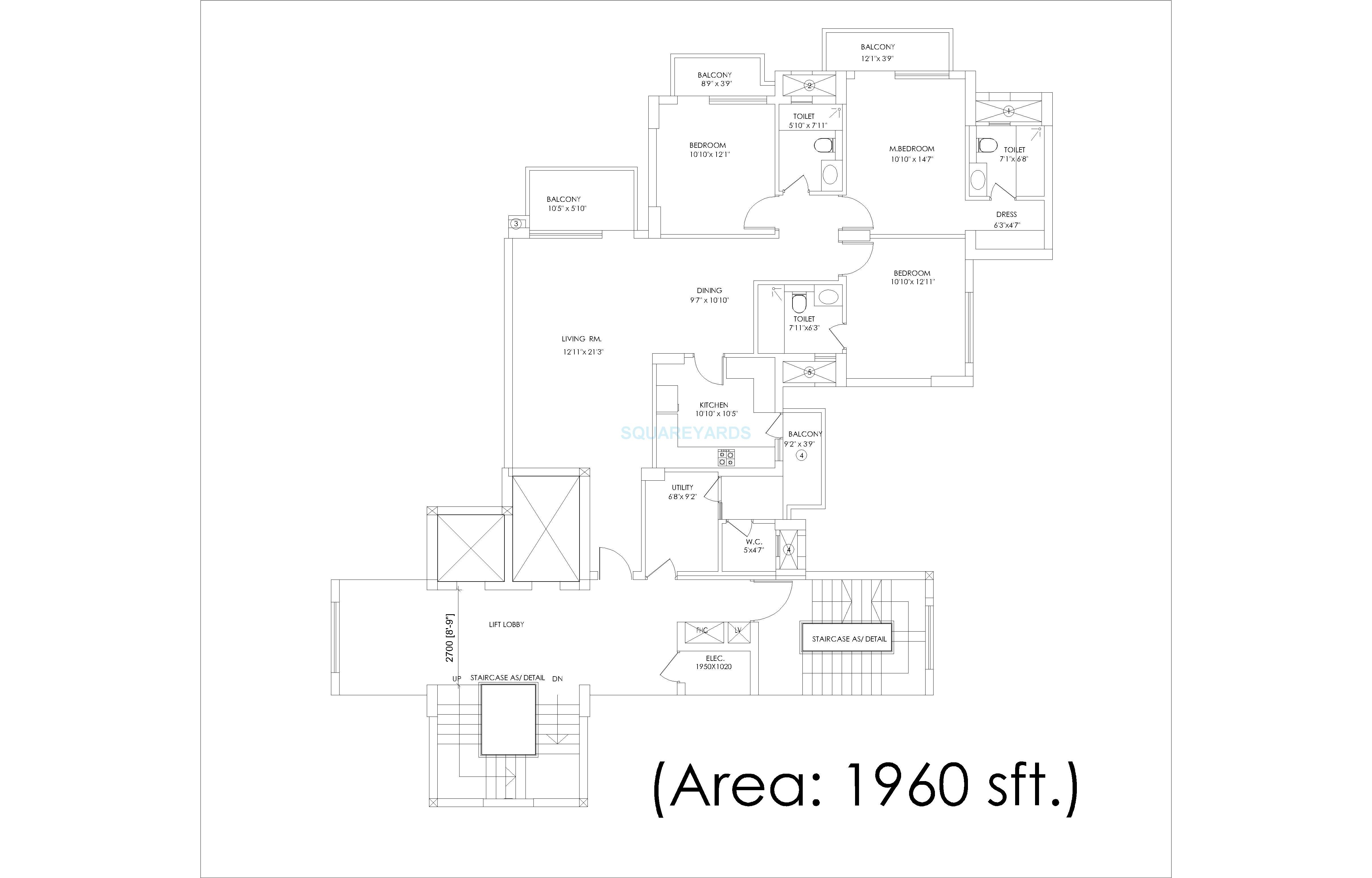Floor plan of 3 BHK 1960 Sq. Ft. Apartment in Mahindra Aura, Gurgaon