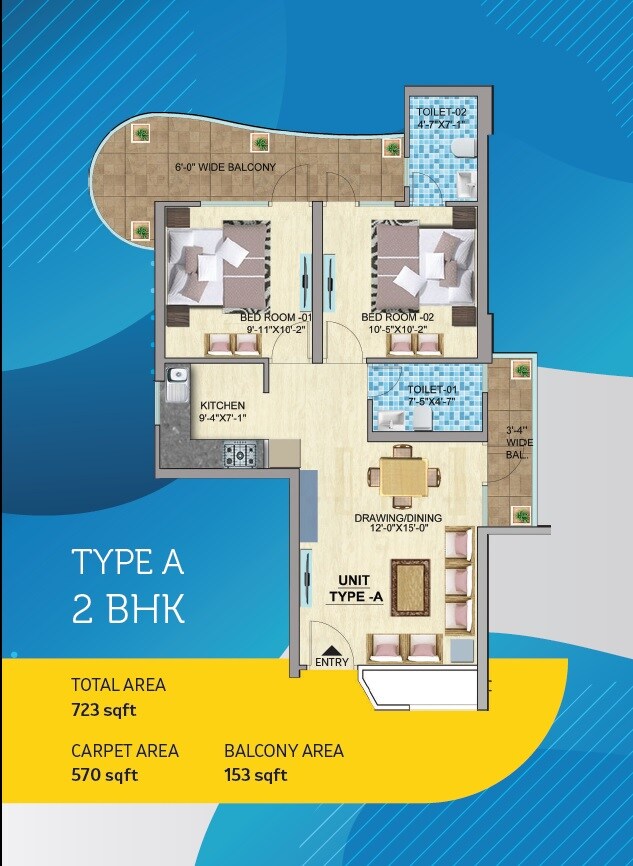 Floor plan of 2 BHK 570 Sq. Ft. Apartment in Mahira Homes 103, Gurgaon