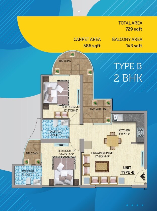 Floor plan of 2 BHK 586 Sq. Ft. Apartment in Mahira Homes 103, Gurgaon
