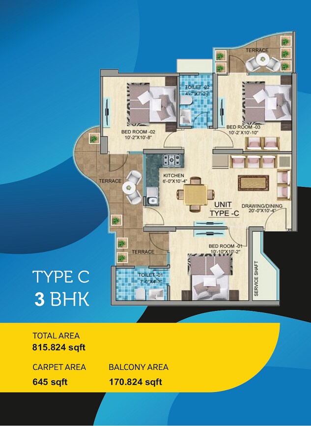 Floor plan of 3 BHK 645 Sq. Ft. Apartment in Mahira Homes 103, Gurgaon