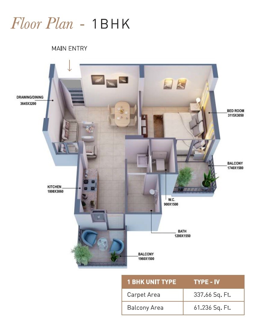 Floor plan of 1 BHK 338 Sq. Ft. Apartment in Mahira Homes 104, Gurgaon