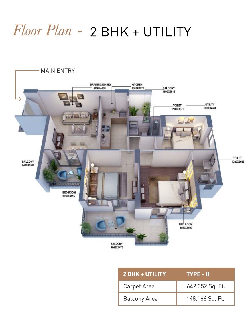 Floor plan of 3 BHK 642 Sq. Ft. Apartment in Mahira Homes 104, Gurgaon