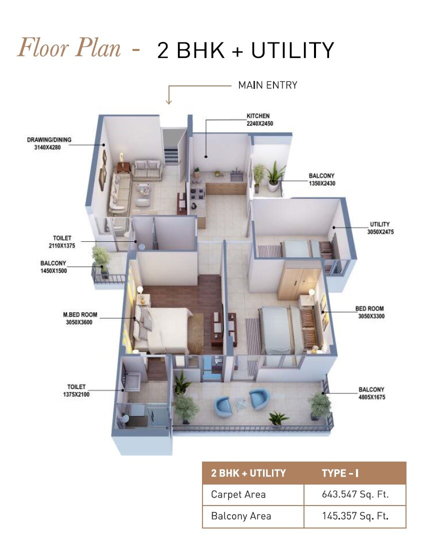 Floor plan of 3 BHK 644 Sq. Ft. Apartment in Mahira Homes 104, Gurgaon