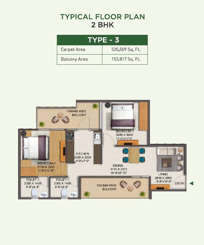 Floor plan of 2 BHK 689 Sq. Ft. Apartment in Mahira Homes 88B, Gurgaon
