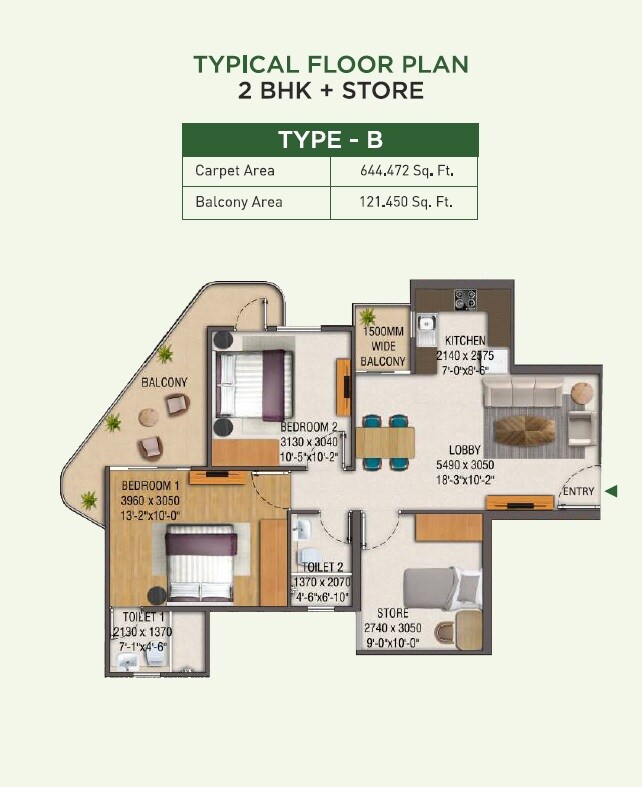 Floor plan of 2 BHK 766 Sq. Ft. Apartment in Mahira Homes 88B, Gurgaon