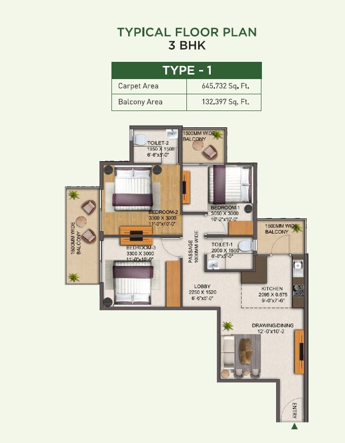 Floor plan of 3 BHK 778 Sq. Ft. Apartment in Mahira Homes 88B, Gurgaon